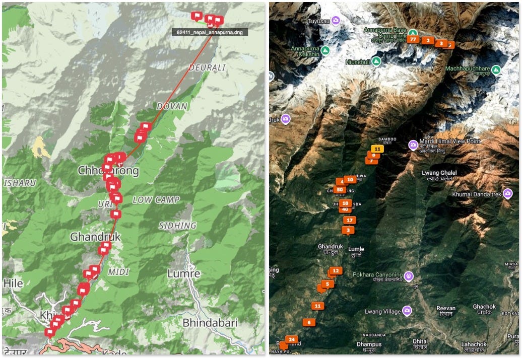 A MyTracks route (left) and geotagged images in Lightroom (right)