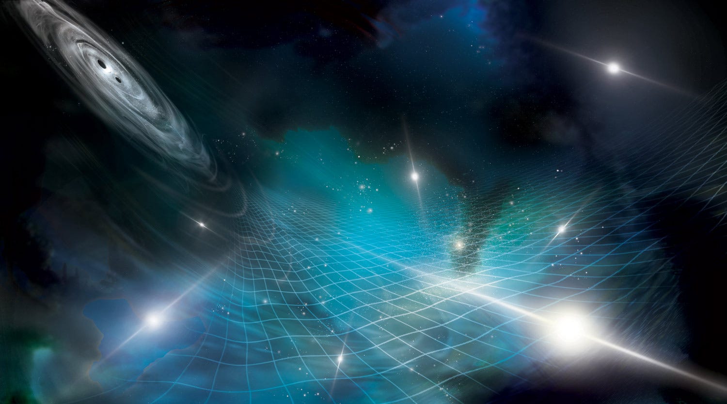 Art showing colliding supermassive black holes creating rippled in a gridwork representing spacetime, with pulsars shown as bright stars embedded in it.