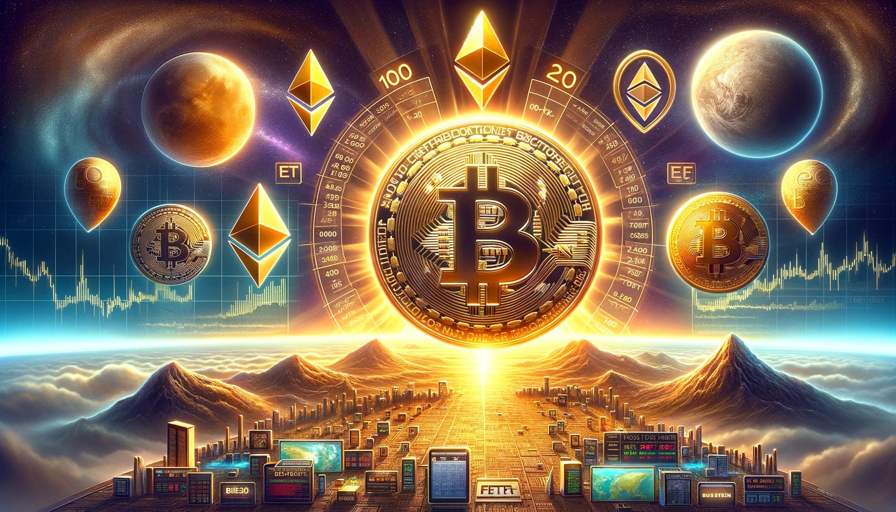 A digital art piece in landscape orientation, representing the theme of the beginning of a crypto bull cycle, focusing on Bitcoin. The image features a large, golden Bitcoin symbol prominently in the center, surrounded by smaller, shining ETF symbols, symbolizing the recent SEC approvals. In the background, a calendar counting down 100 days, representing the anticipation of the Bitcoin halving. Ethereum symbols and other layer 2 protocol icons are positioned in the lower part of the image, contrasting with the dominant Bitcoin symbol. Above the Bitcoin symbol, an illustration of the BRC-20 token and the name 'KoiPond' float, hinting at the future of Bitcoin through BRC-20 token launches. The overall tone is futuristic and optimistic, reflecting the potential market growth and the evolving landscape of cryptocurrencies. The layout is adapted to a wider perspective to enhance the narrative visually.