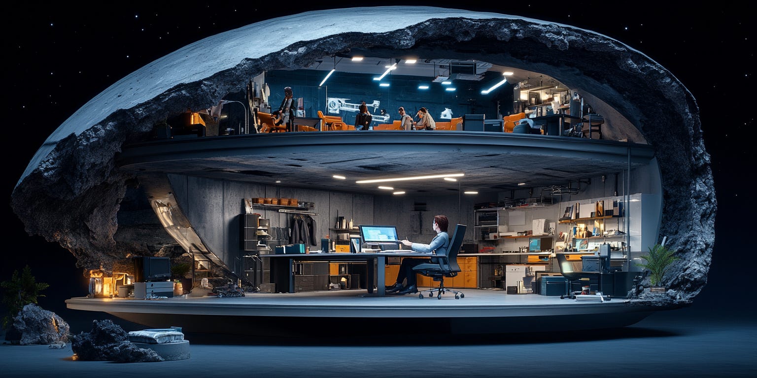 A serene office space with a lone desk in the center.