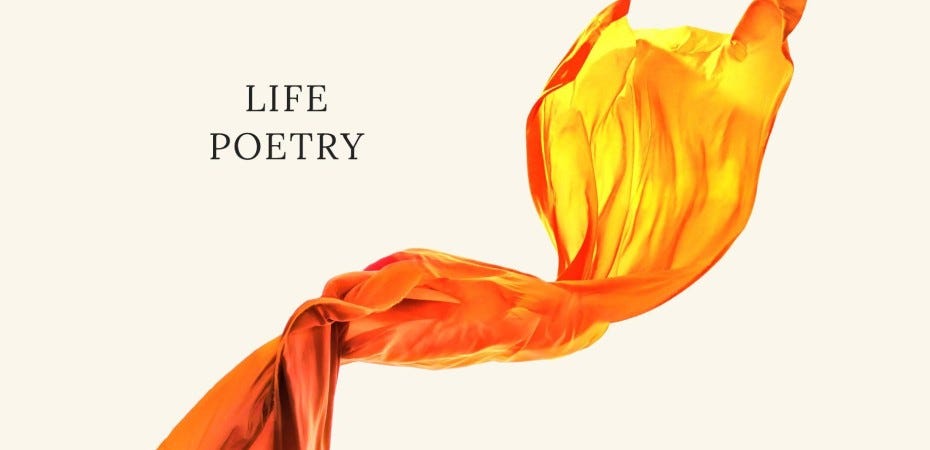 A colorful scarf floating across the page with the words Life Poetry on the left