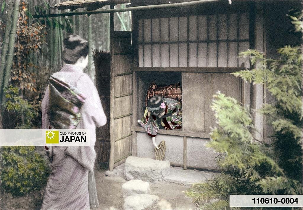 Japanese tea ceremony entering tea room, 1907