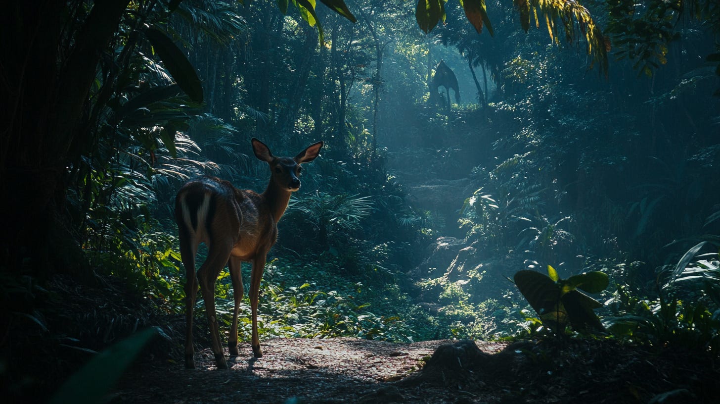 The end scene shows our dear protagonist found its way home in the jungle. /imagine prompt: an end scene photograph shot of a deer in the jungle — ar 16:9 — v 6.1