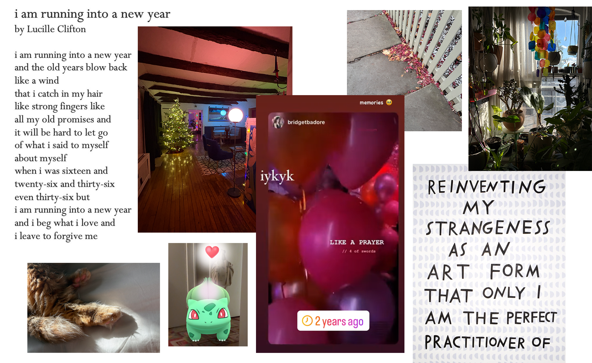 a collage of images, from left to right: 1) text from the poem i am running into a new year by lucille clifton; 2) a photograph of a house with many different colored lights and a christmas tree in the distance; 3) a photograph of an orange cat’s paws on a white sheet; 4) the pokemon bulbasaur, a bright green creature with red eyes, with a heart above his head; 5) a screenshot of an instagram story showing a bunch of pink balloons and the text “like a prayer; 6) an overhead photograph of the sidewalk showing pink leaves against a white picket fence; 7) a photograph of a sunny corner of a room filled with different plants and decorations; 8) a graphic with text that reads “reinventing my strangeness as an art form that only i am the perfect practitioner of” by artist finnegan shannon