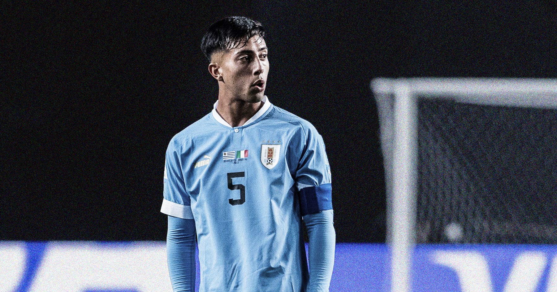 A photo of Fabricio Díaz wearing a light blue Uruguay shirt at the 2023 FIFA U-20 World Cup.