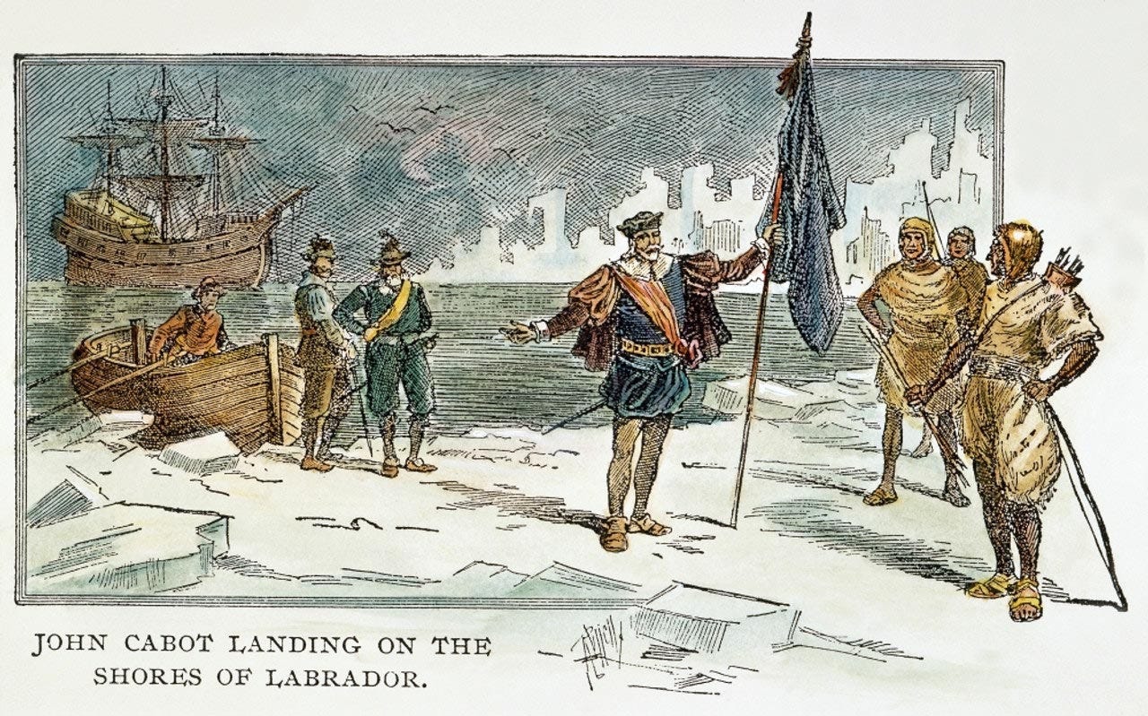 Drawing of John Cabot landing at Labrador, Canada