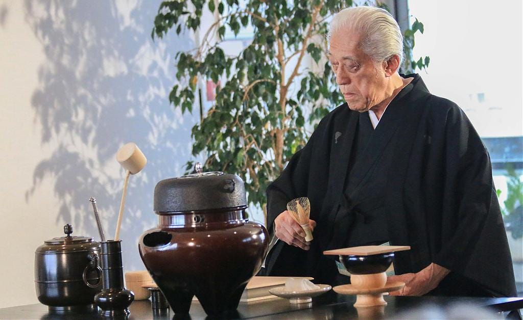 Urasenke Grand Tea Master Genshitsu Sen performs a Japanese tea ceremony at a UNESCO General Conference in Paris in 2015