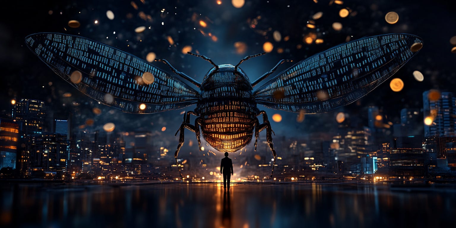 A surreal digital illustration of a giant, glowing bug made of binary code hovering over a cityscape at night. 