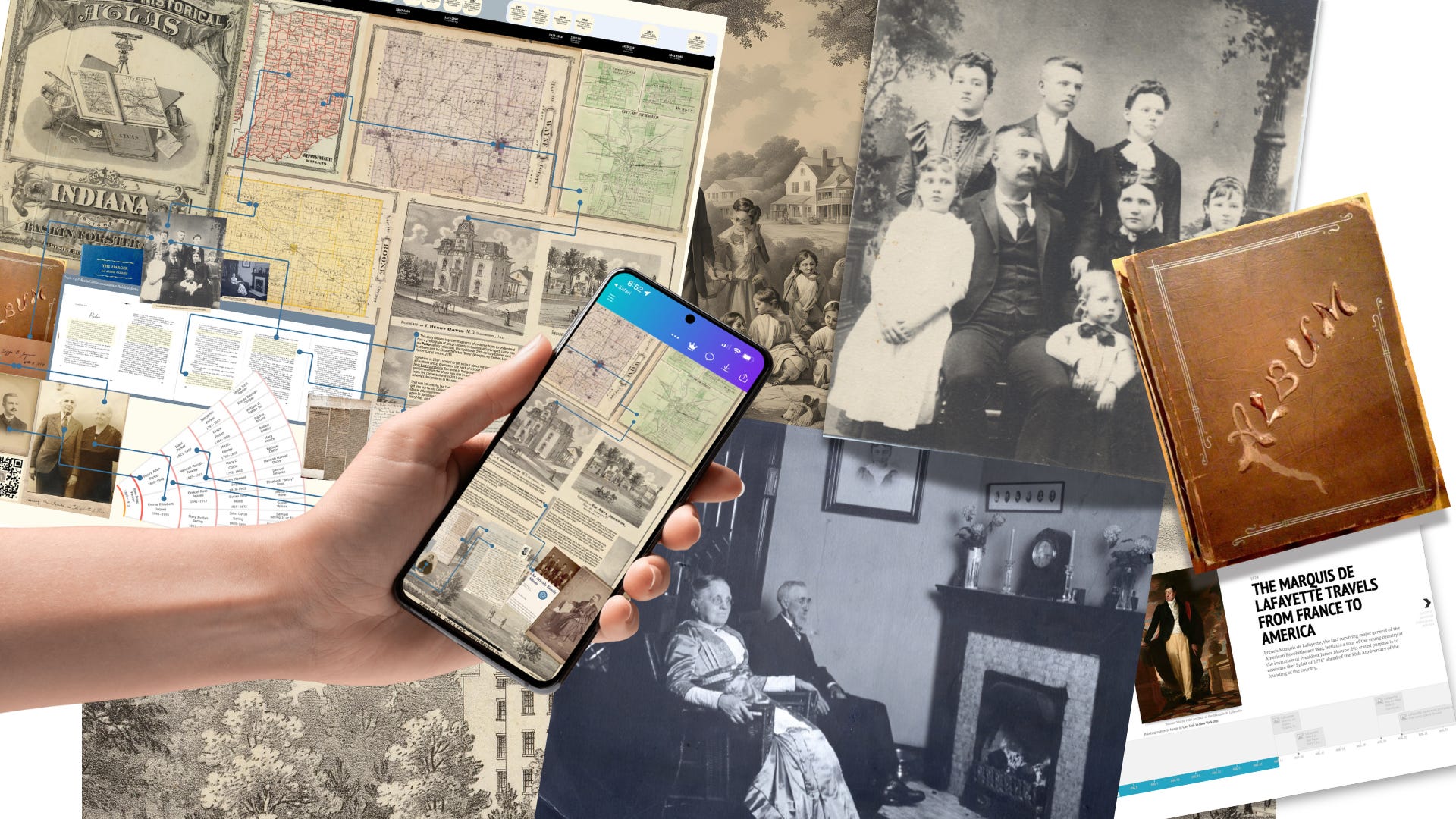 A collage of family photos, digital projects, and old-fashioned scrapbooks inherited among the artifacts of history.