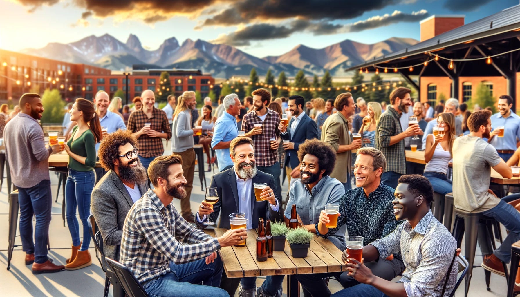 An outdoor happy hour scene with a group of diverse people including geeky men and black men, all enjoying drinks and conversation. In the background, the majestic Denver mountains are visible. The setting is lively and vibrant, with a mix of people from various backgrounds engaging in a social gathering in a picturesque outdoor environment.