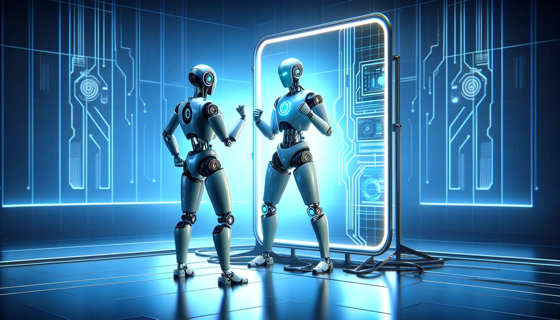 A futuristic scene featuring a robot giving themselves a pep talk. The robot has a sleek, modern design and is standing in front of a reflective surface or mirror, engaging in a motivational gesture or pose. The entire scene has a blue tint, adding to the futuristic atmosphere. The background includes advanced technology elements, digital screens, and machinery, all rendered in a wide format.