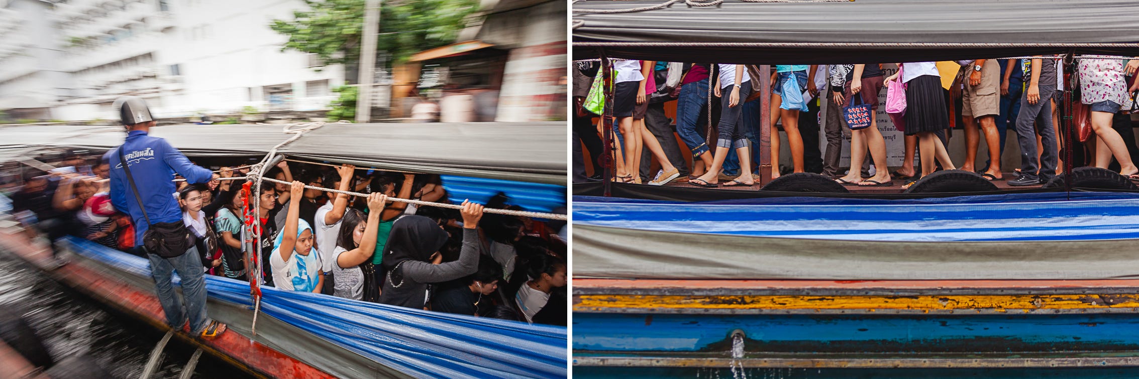 Rush hour ferries can be packed but are still preferable to sitting in slow-moving road traffic. 1/30, f/8, ISO 400, 16mm & 1/250, F/2.8, ISO 100, 75mm