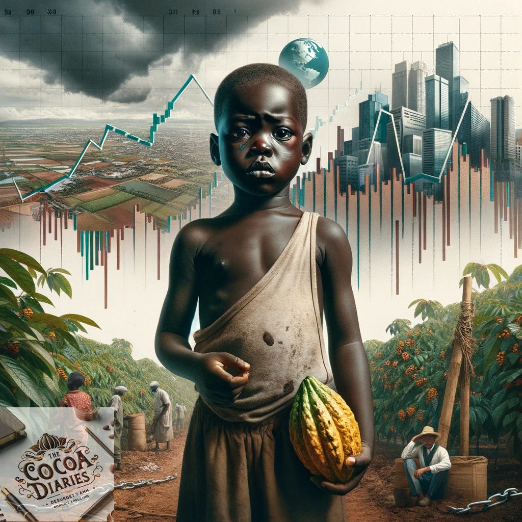 This image depicts a young child of African descent standing in the foreground, looking directly at the viewer with a somber expression. The child is dressed in simple, earth-toned clothing and holds a cocoa pod in one hand. A broken chain lies near the child's feet, which is a symbolic representation of the struggle against child labor. In the background, there is a dual scene; on one side, a vibrant cocoa plantation with workers tending to the crops, and on the other, a cityscape with skyscrapers overlayed with stock market graphs showing both gains and losses. Above the cityscape, there's a globe, highlighting the worldwide relevance of the issue. The contrasting images and elements in the picture come together to represent the complex and often hidden dynamics of child labor in the cocoa sector, influenced by global economic inequities and market forces.