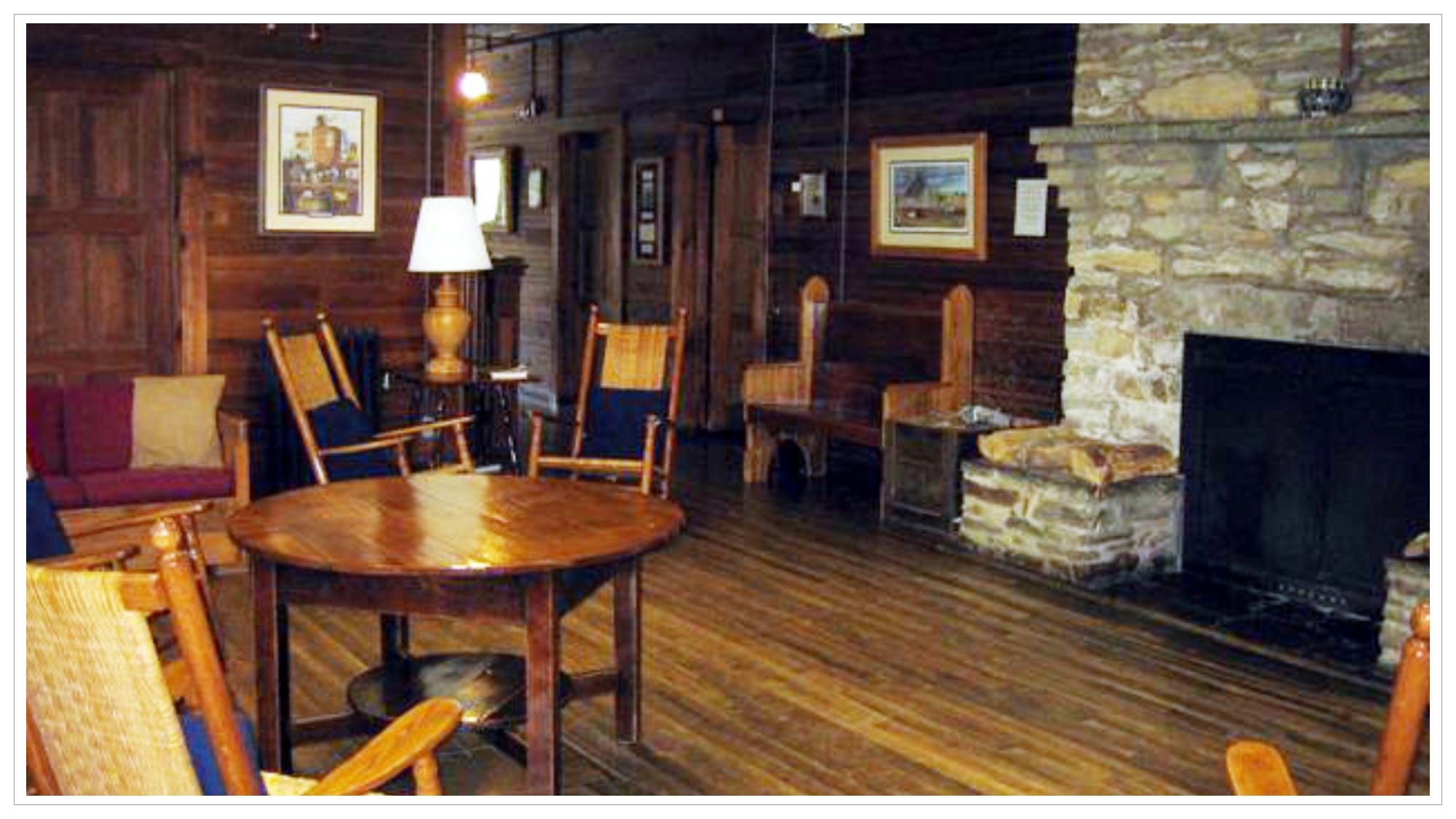 stone fireplace, sitting area & library, Valle Crucis