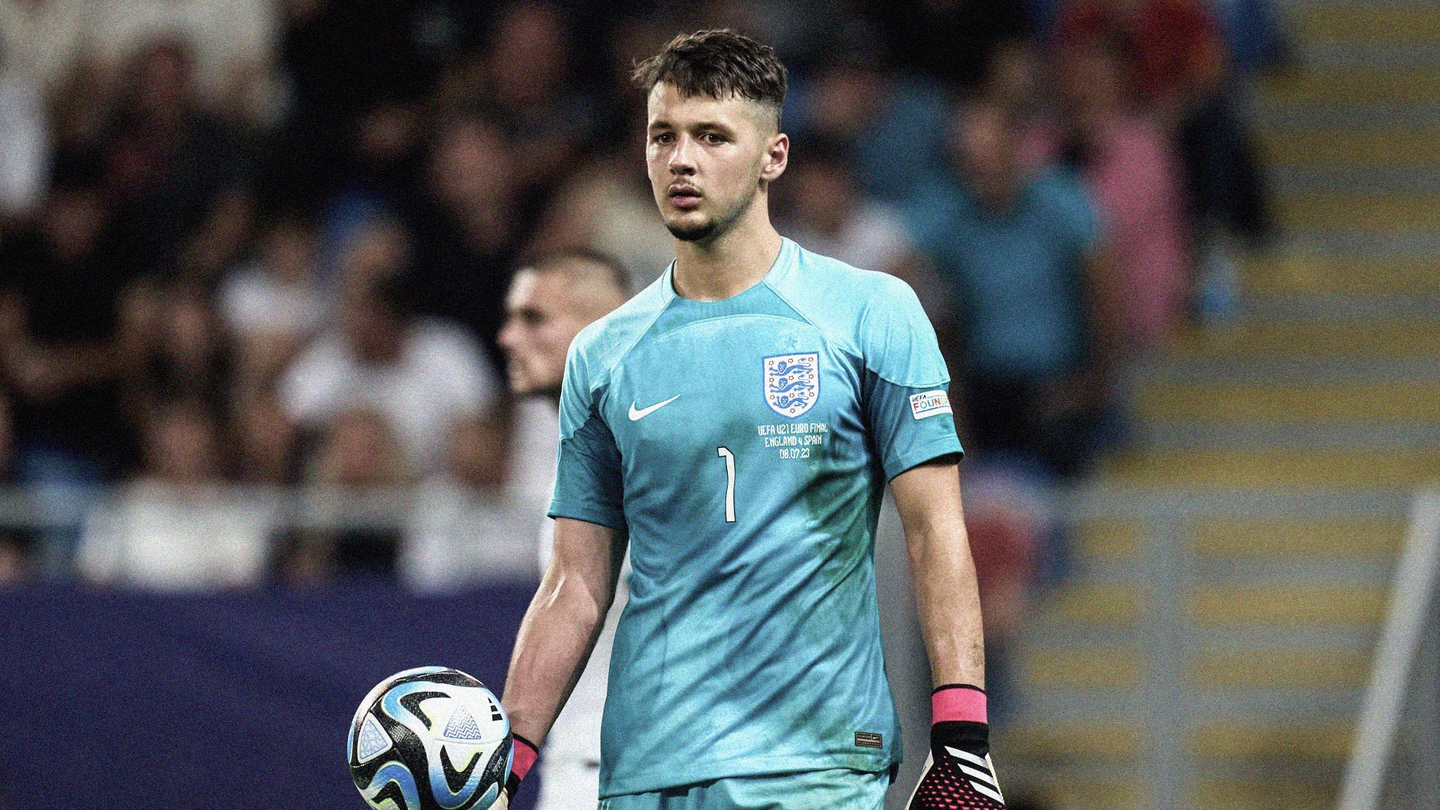 A photo of England's James Trafford holding the ball in one hand at the 2023 UEFA U-21 EURO