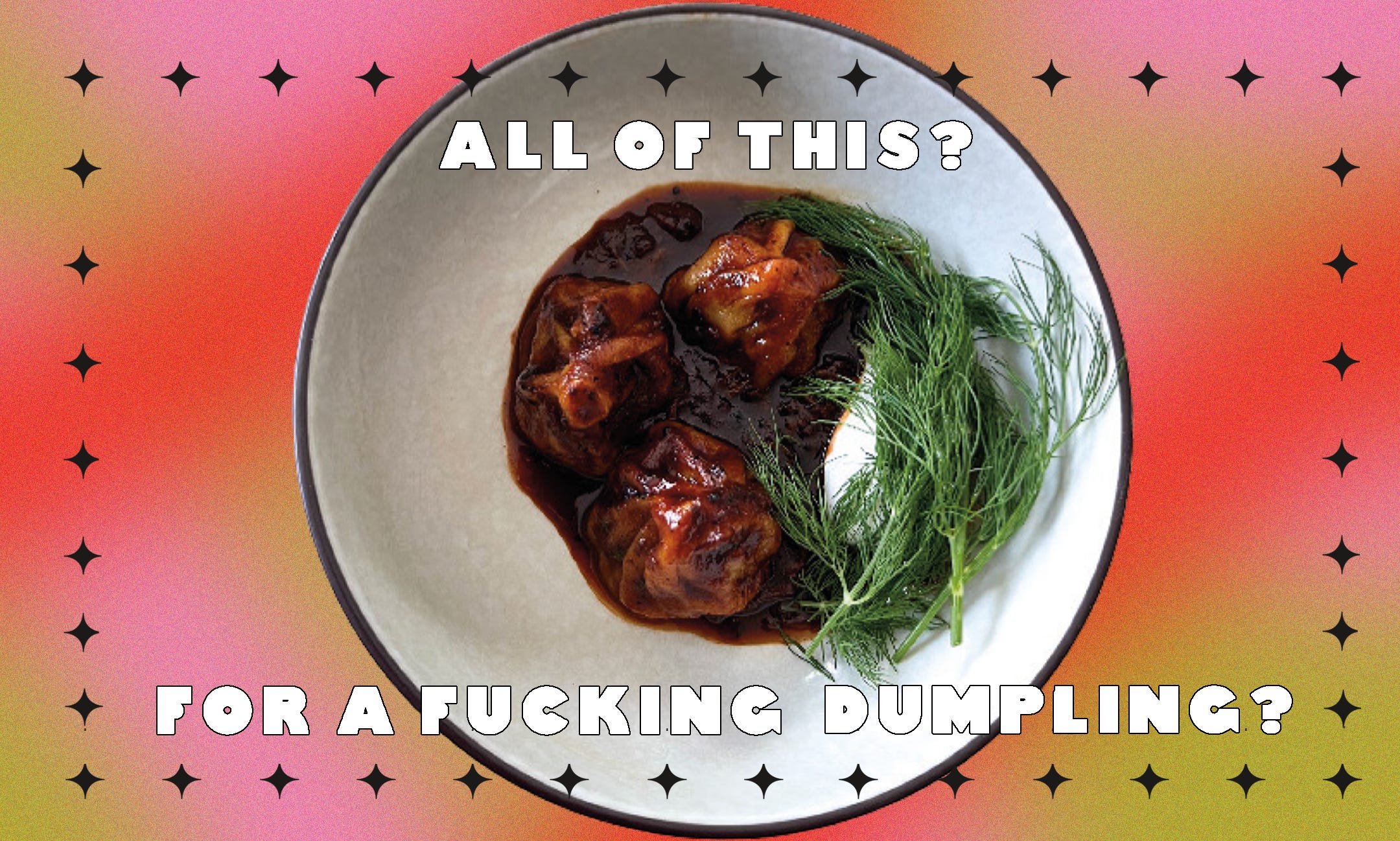 Saucy pig head khinkali are on a plate along with the headline