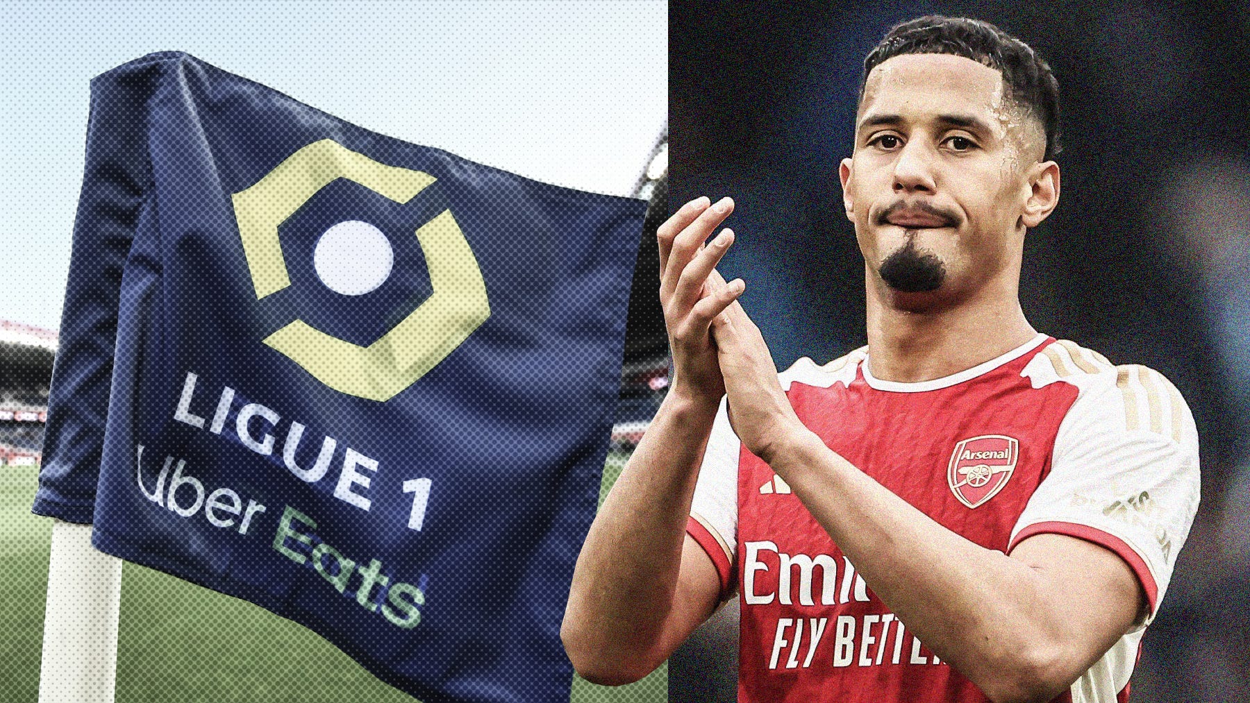 A photo of a Ligue 1 corner flag at PSG's Parc des Princes with a photo of Arsenal's WIlliam Saliba clapping