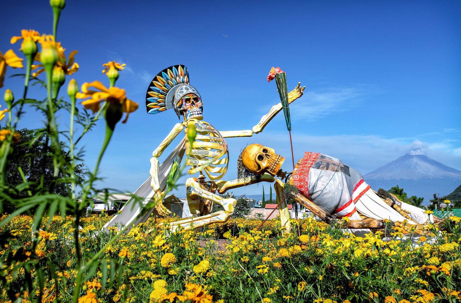 Larger-than-life mannequins of the warrior Popocatépetl and his fiancée Princess Iztacíhuatl in a field of cempasúchil flowers. Popocatépetl volcano in the background.