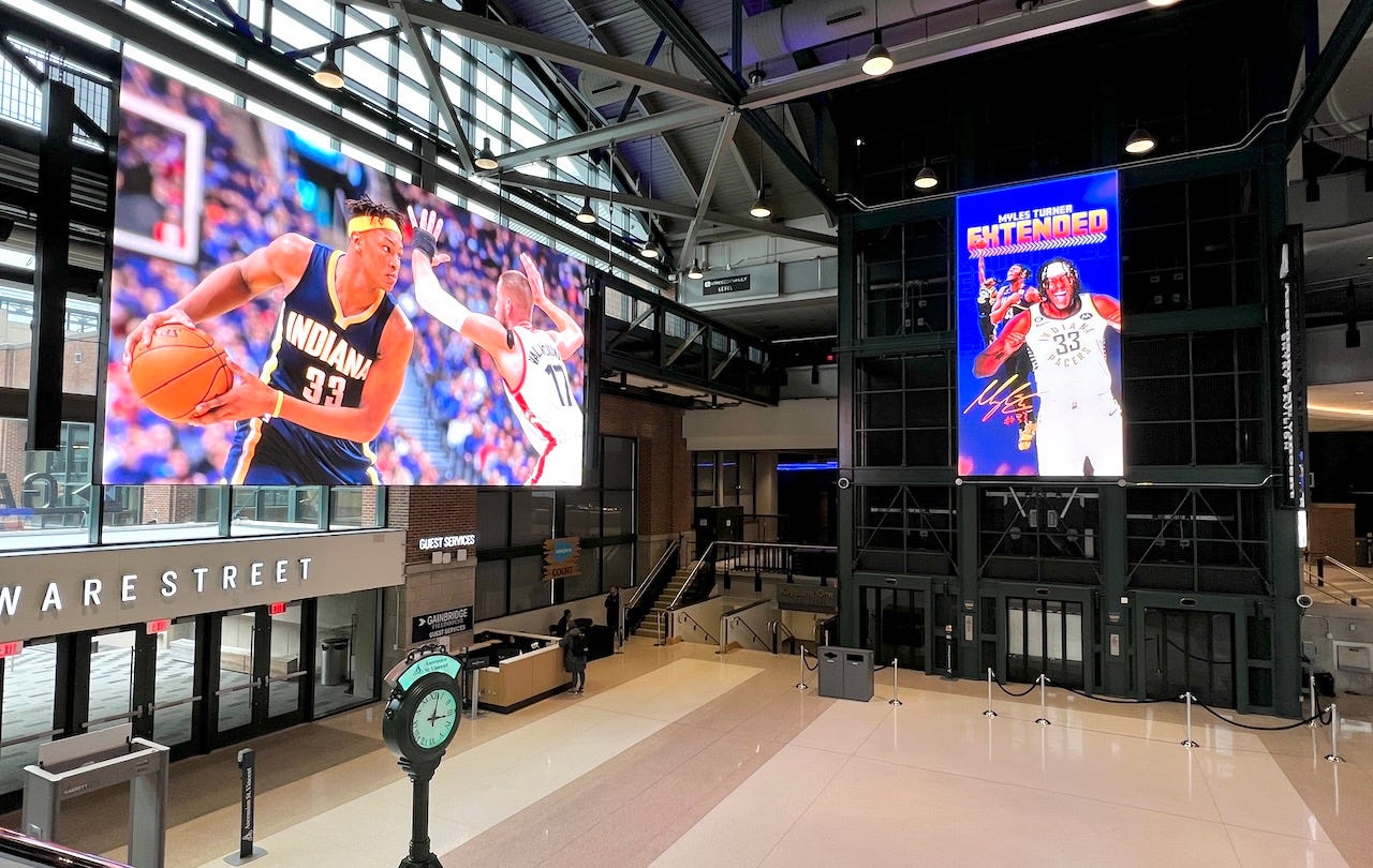LED video boards celebrate Myles Turner’s contract extension with the Pacers.