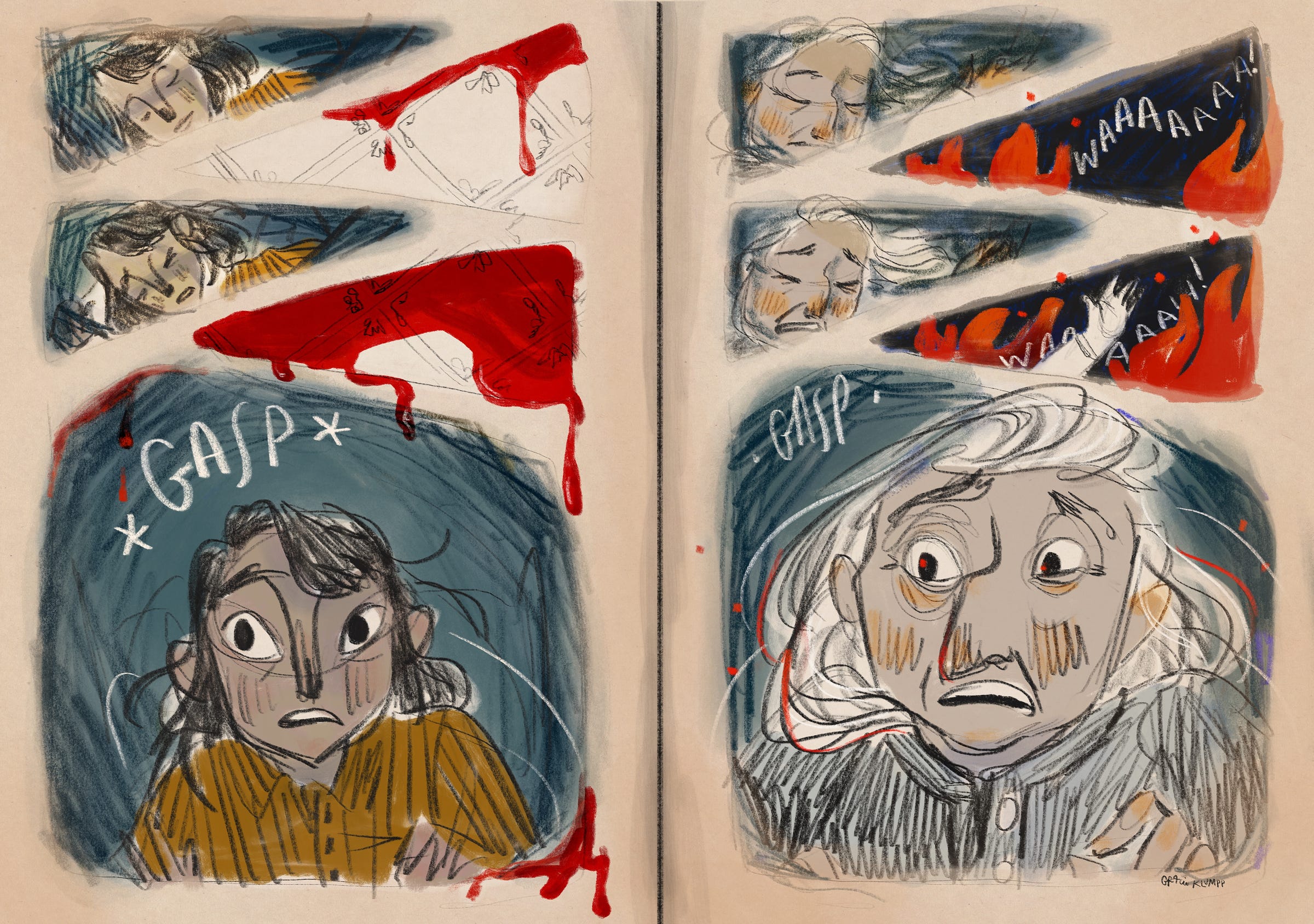 Gracie's concept graphic novel spread showing June on one page and Imogen on the other, both sleeping fitfully, interrupted by different dreams--June's is blood spreading, dripping. Imogene's is a growing fire and a baby crying. They both start awake.