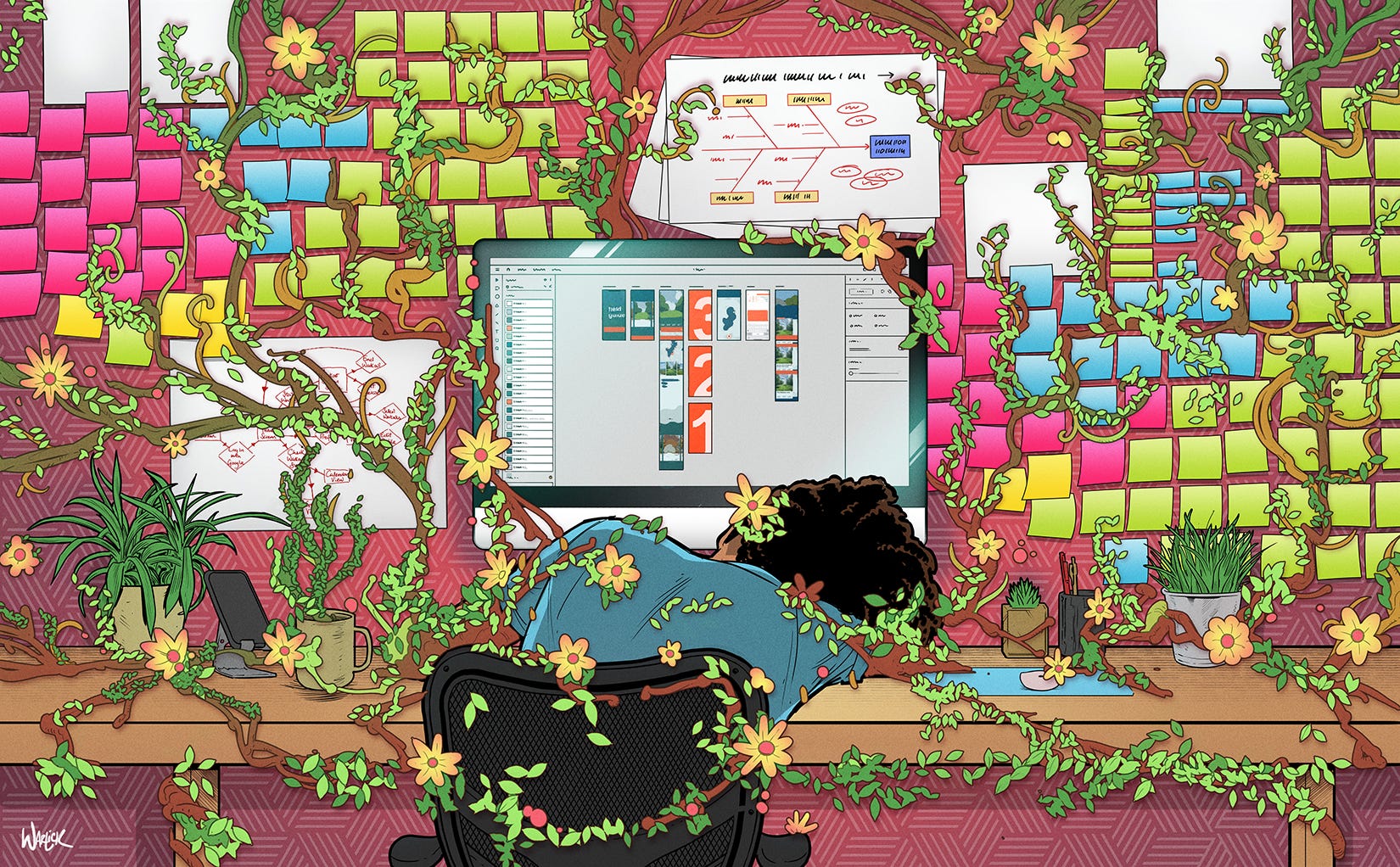 An exhausted UX designer with her head down at her workstation, completely covered in vines evoking urban decay and neglect. On the computer screen is an open design program of UI layouts. On the wall behind are lots of Post-its and a few notes and fishbone diagrams.