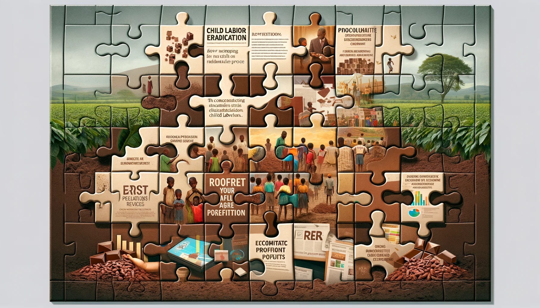 A visually compelling, text-free puzzle-themed banner illustrating the concept of child labor eradication being used as a PR strategy by chocolatiers to enhance their brand image and increase revenue, without addressing the root cause. The banner is divided into puzzle pieces: some depict scenes of children in cocoa fields, highlighting the issue of child labor. Other pieces show glossy images of high-end chocolate products and graphs indicating rising profits, symbolizing the economic benefits to companies. Additional pieces portray public relations materials, like press releases and CSR campaigns, suggesting efforts to improve public image. These puzzle pieces come together to create an image that subtly reveals how the issue of child labor is manipulated for corporate gain, without truly resolving the underlying problems. The background combines earthy tones representing agriculture with corporate greys, adding depth to the theme.