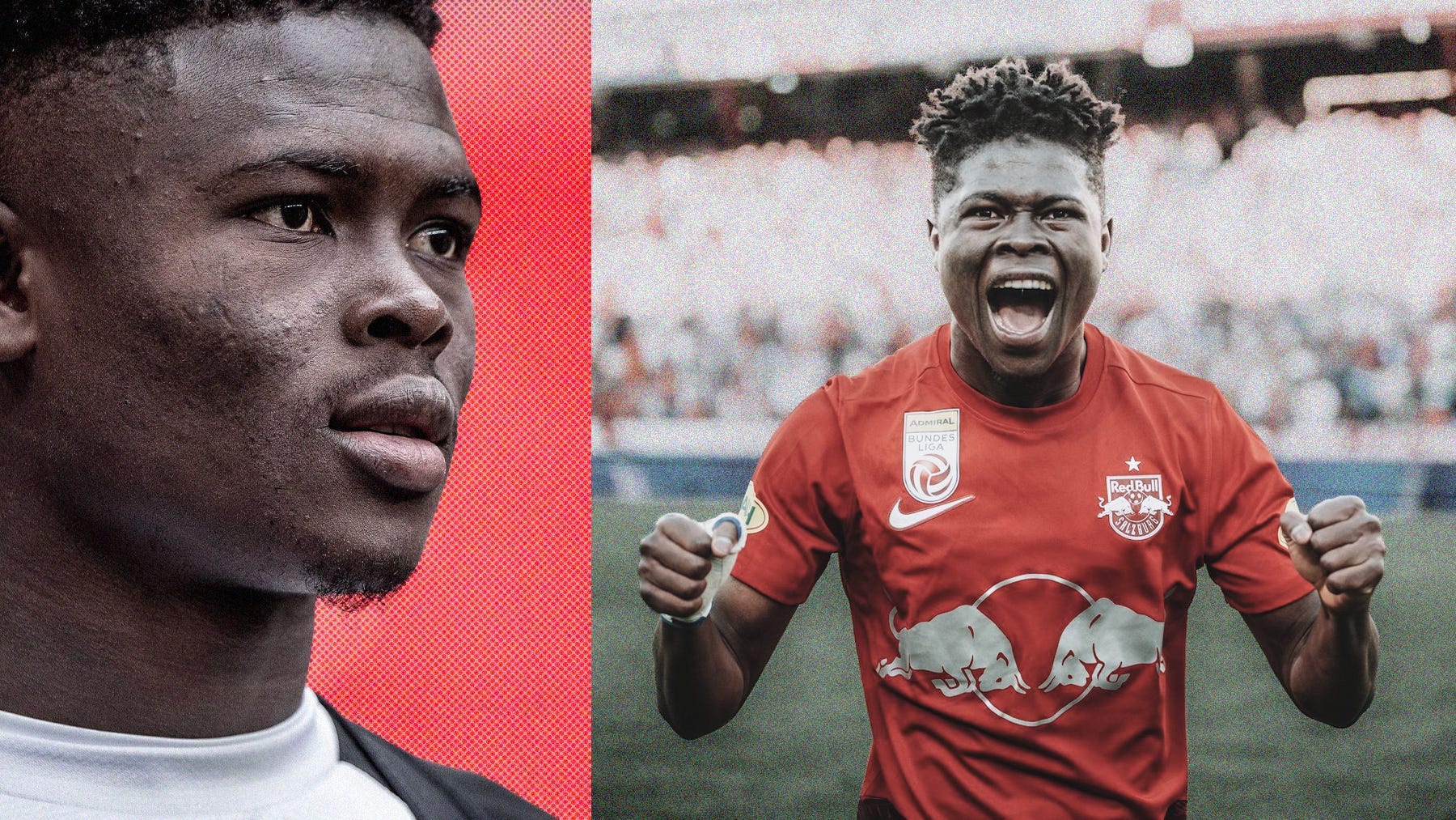 A composite image featuring two photos of Karim Konaté. On the left is a close-up shot of his side profile; on the right is a photo of him celebrating, fists clenched, shouting toward the camera in a red Red Bull Salzburg shirt.