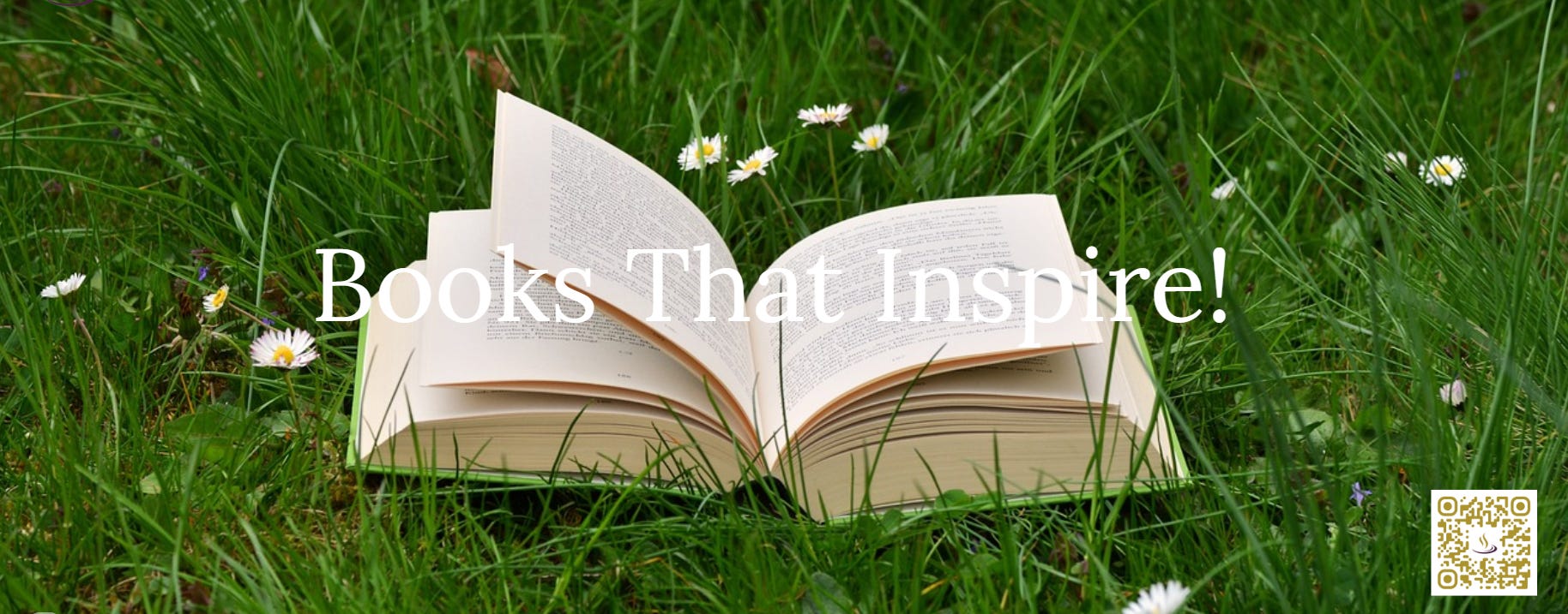 Open book on lush green grass with daisies text overlay reading "Books That Inspire"