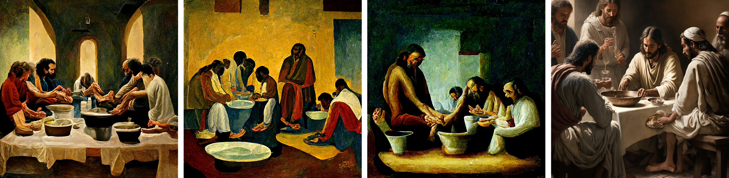 The first image depicts loosely defined figures sitting on either side of a table in a room. The table is covered with a white cloth and holds large bowls of water. They are holding feet-like objects. The figures' arms extend over the bowls, with their hands merging into foot-like appendages. A central figure faces the viewer, while doorways in the background create depth. The second image shows loosely defined figures sitting at a table and on the floor, with rough details. In the third image, roughly painted figures sit on the ground in a room, reaching over bowls. An opening in the wall hints at a crucifix shape in the background. The fourth image portrays six robed men around a small table, with one reaching for a bowl. It has a detailed, painterly, semi-realistic and kitschy style often seen in contemporary popular Western Christian-themed art.