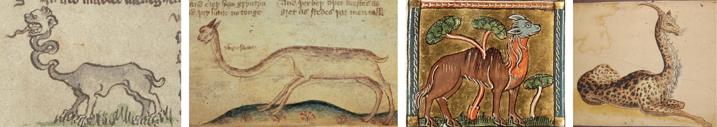Four medieval and 17th-century illustrations featuring a variety of peculiar animals. One image portrays a creature with a dog-like body, short tail, and an incredibly long, snakelike neck with a lion-like head and an open mouth. Calligraphy lettering accompanies the illustration. Another drawing showcases a crude depiction of a giraffe with a deer-like body, long legs, and a thin, curving neck. Its head resembles a rabbit with a dog-like mouth. A medieval manuscript displays an animal with a camel-like body, blue dog-like head, and two humps on its back, surrounded by trees and gold-painted background. The final image depicts a pretty but too-graceful giraffe lying on the ground, with a leopard-like body, a gently curved neck, and a horn extending from the back of its head.
