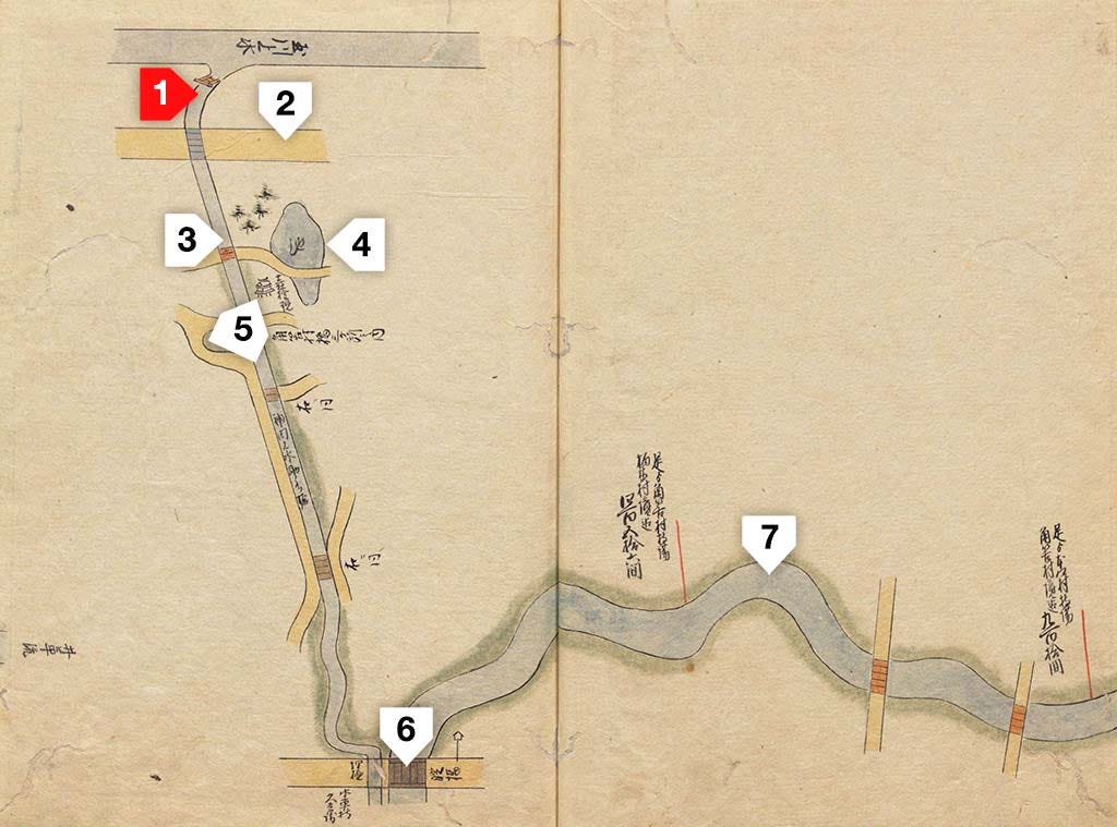 1791 (Kansei 3) map of the josuibori in Tsunohazu, Tokyo