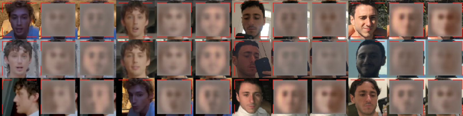 The image shows a blurred and pixelated collage of faces, with pictures outlined in red. The images appear to be screenshots from videos or photos of two different individuals, whose faces seem to be in the process of being swapped, using deepfake technology. The blurring effect makes the features indistinct, which could be a part of the face-swapping process. The collage is arranged in a grid pattern.