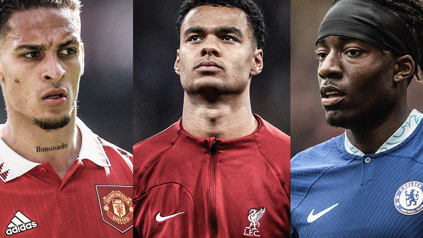 A sequence of three photos with Antony in a Manchester United shirt, Cody Gakpo in a Liverpool pre-match jacket, and Noni Madueke in a Chelsea shirt.