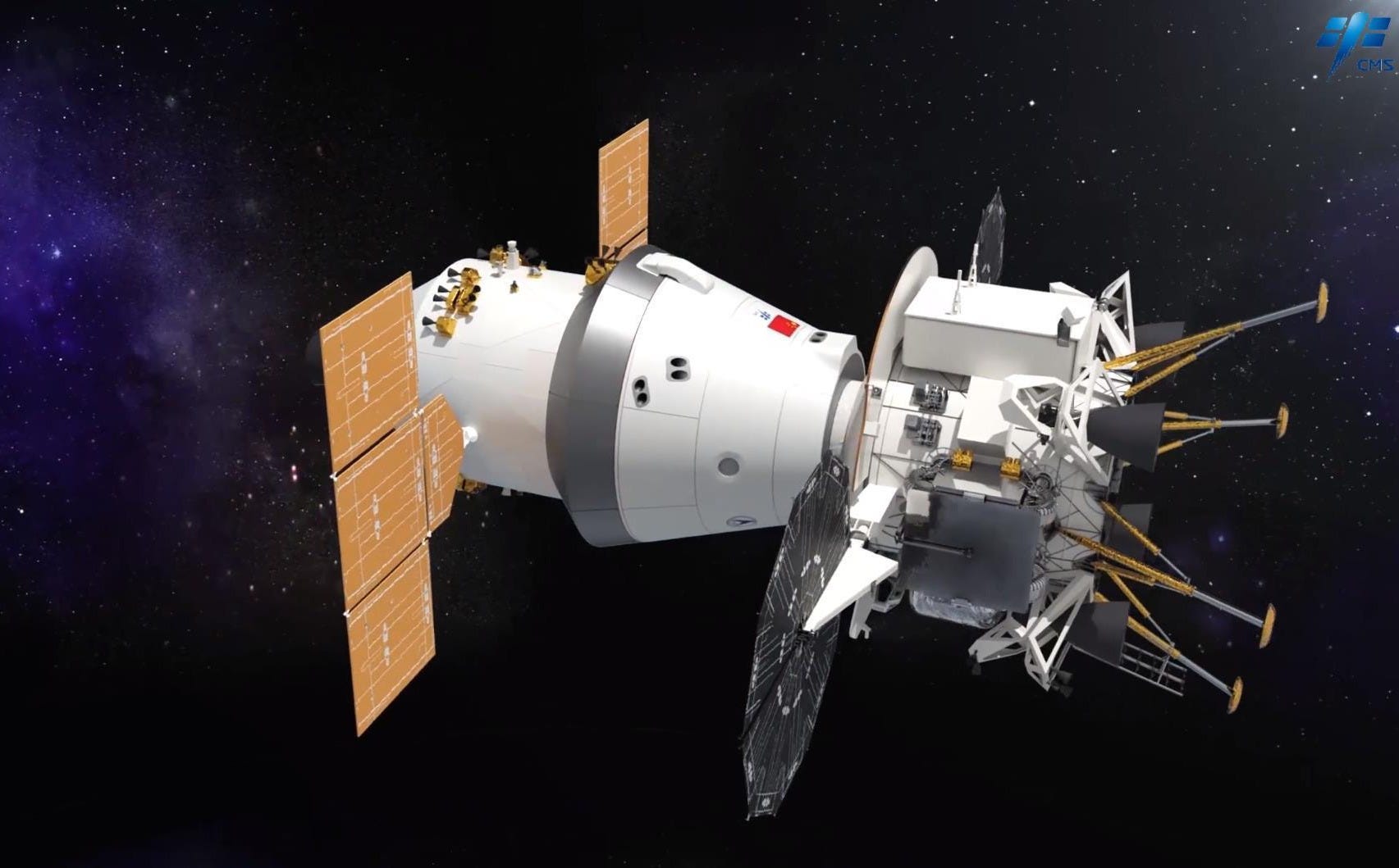 A render of the Mengzhou spacecraft docked to the Lanyue lunar lander in the Moon’s orbit following a crewed lunar landing. A render of the Mengzhou spacecraft docked to the Lanyue lunar lander in the Moon’s orbit following a crewed lunar landing.