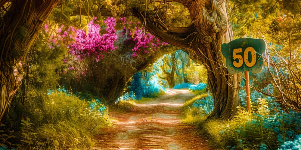 An inviting path weaves through a colorful, enchanted forest. At the beginning of the path is a sign with the number 50 on it. As I celebrate 50 years of life, may the path ahead be nothing but pure magic.