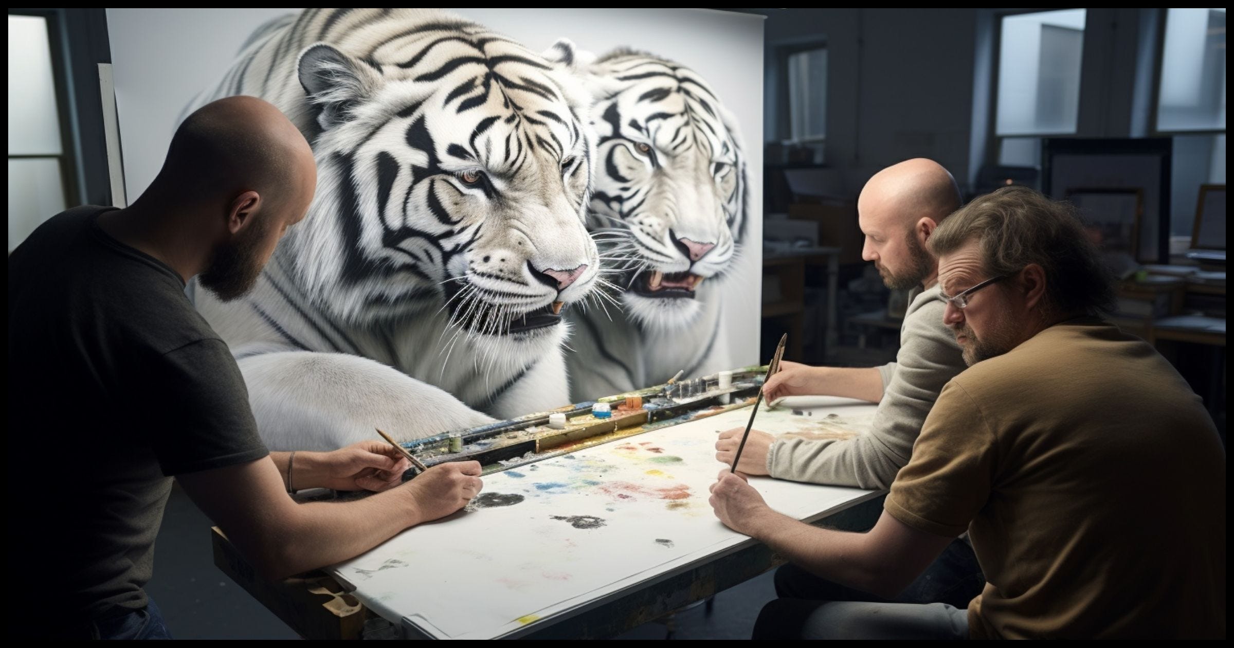Three men at a drawing table, working on something, with a large image of two white tigers infront of them, seemingly monitoring their work.