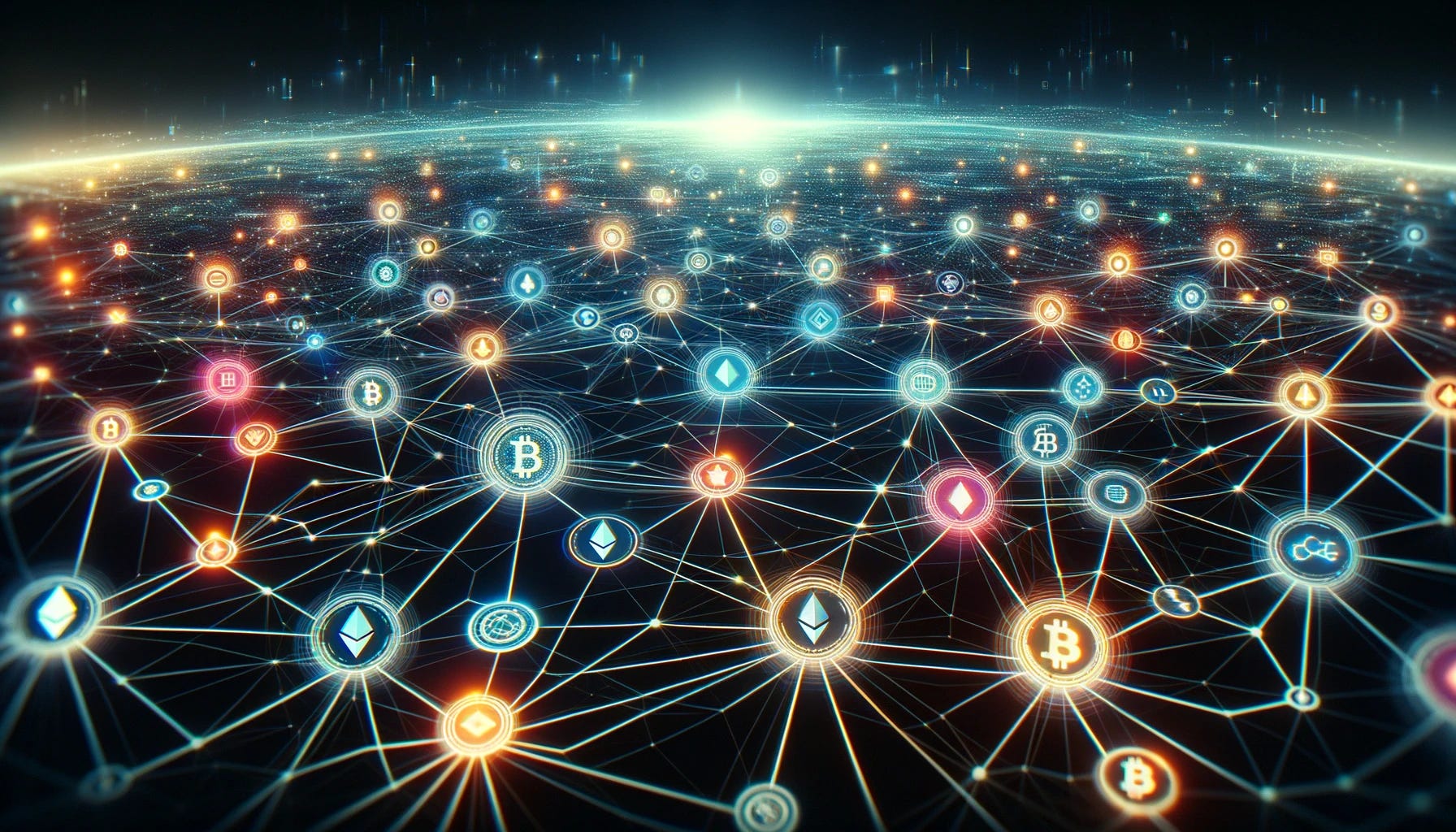 Visualize a futuristic, digital web of different blockchains connecting with each other in a landscape format. Imagine a wide, complex network of glowing, interconnected lines and nodes, each node representing a different blockchain. These nodes should have distinct symbols or logos to signify different cryptocurrencies like Bitcoin, Ethereum, and others. The background is a dark, digital landscape, extending horizontally to emphasize the vastness and complexity of the network in cyberspace. The overall tone is neon and futuristic, with bright lines creating an expansive web of connections across the digital space.