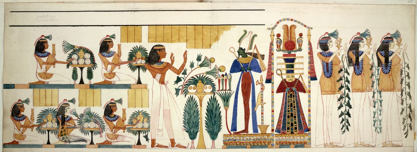 Antique egyptian painting depicting gods and different hyerarchies of people, each dressed differently