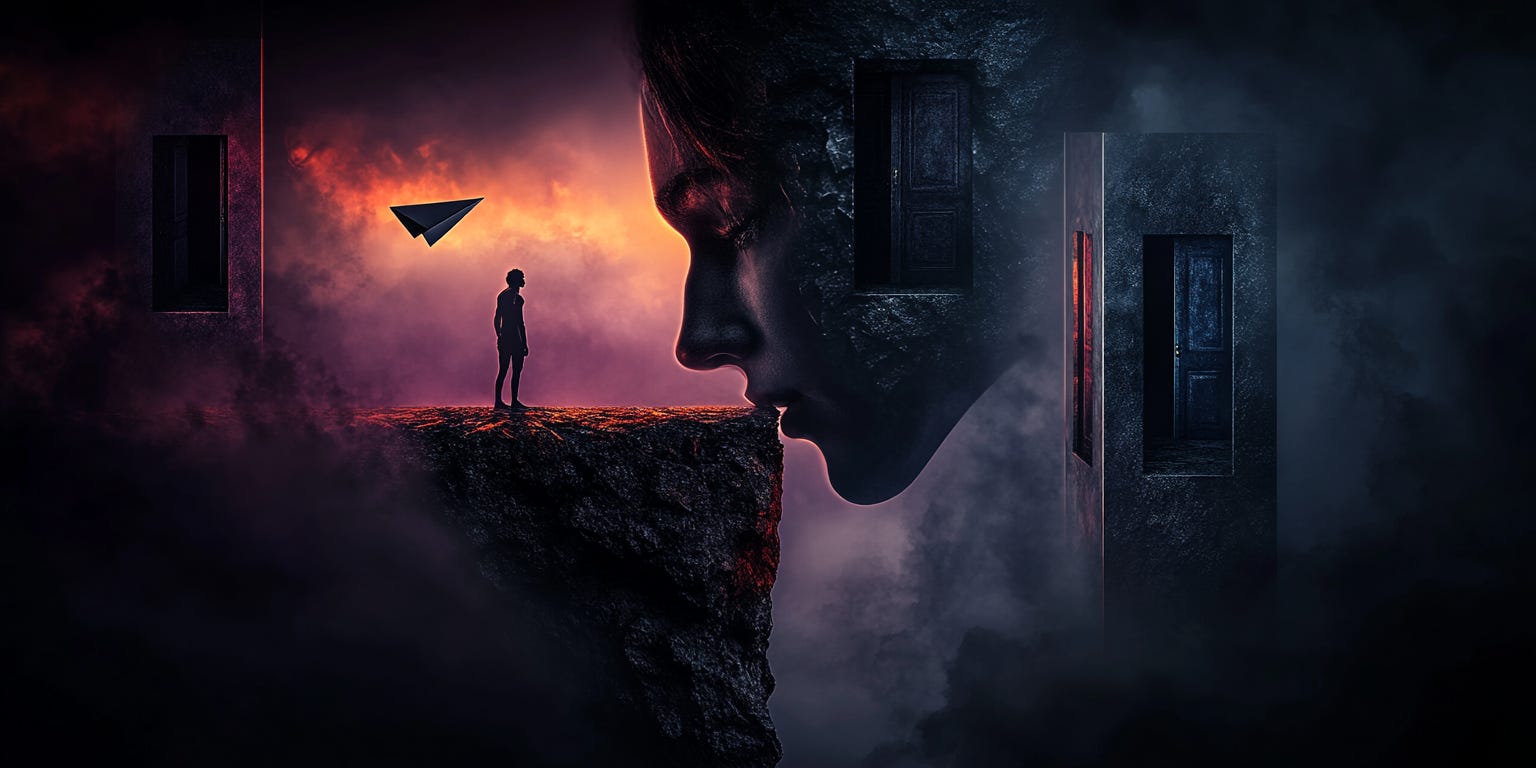 A figure standing at the edge of a geometric cliff, but instead of a normal drop, the cliff edge opens into an upside-down sky filled with floating doorways of different colors.