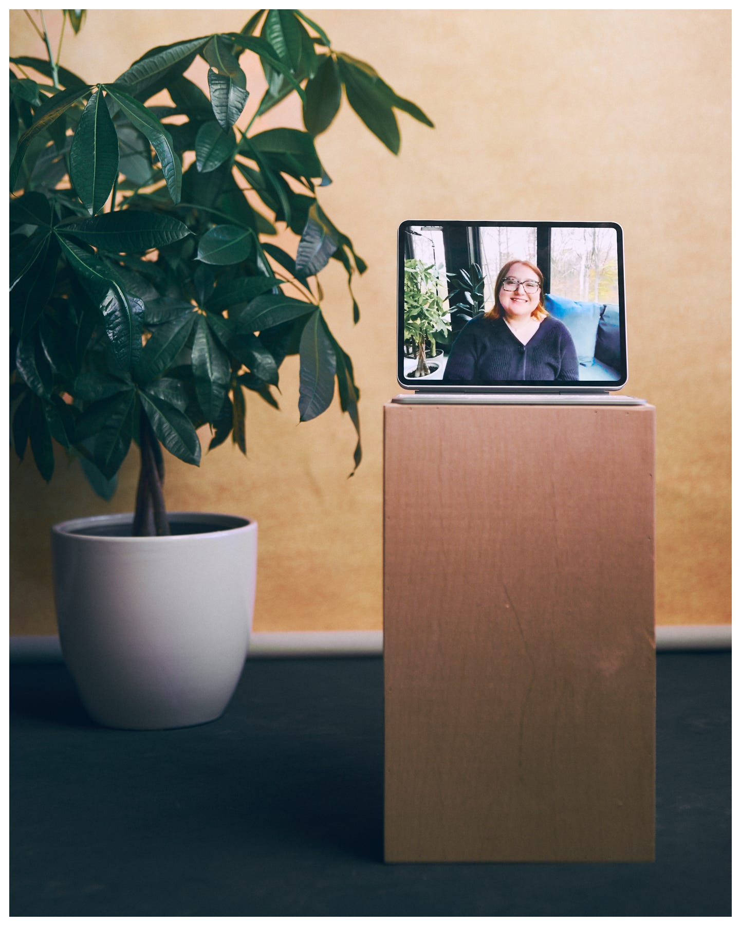 Portrait of Meridian Culpepper displayed on a laptop screen in a studio setting, symbolizing the physical distance from Los Angeles and the connection maintained through a virtual conversation. A large plant stands nearby, adding warmth to the scene, by LA portrait photographer Afonso Salcedo