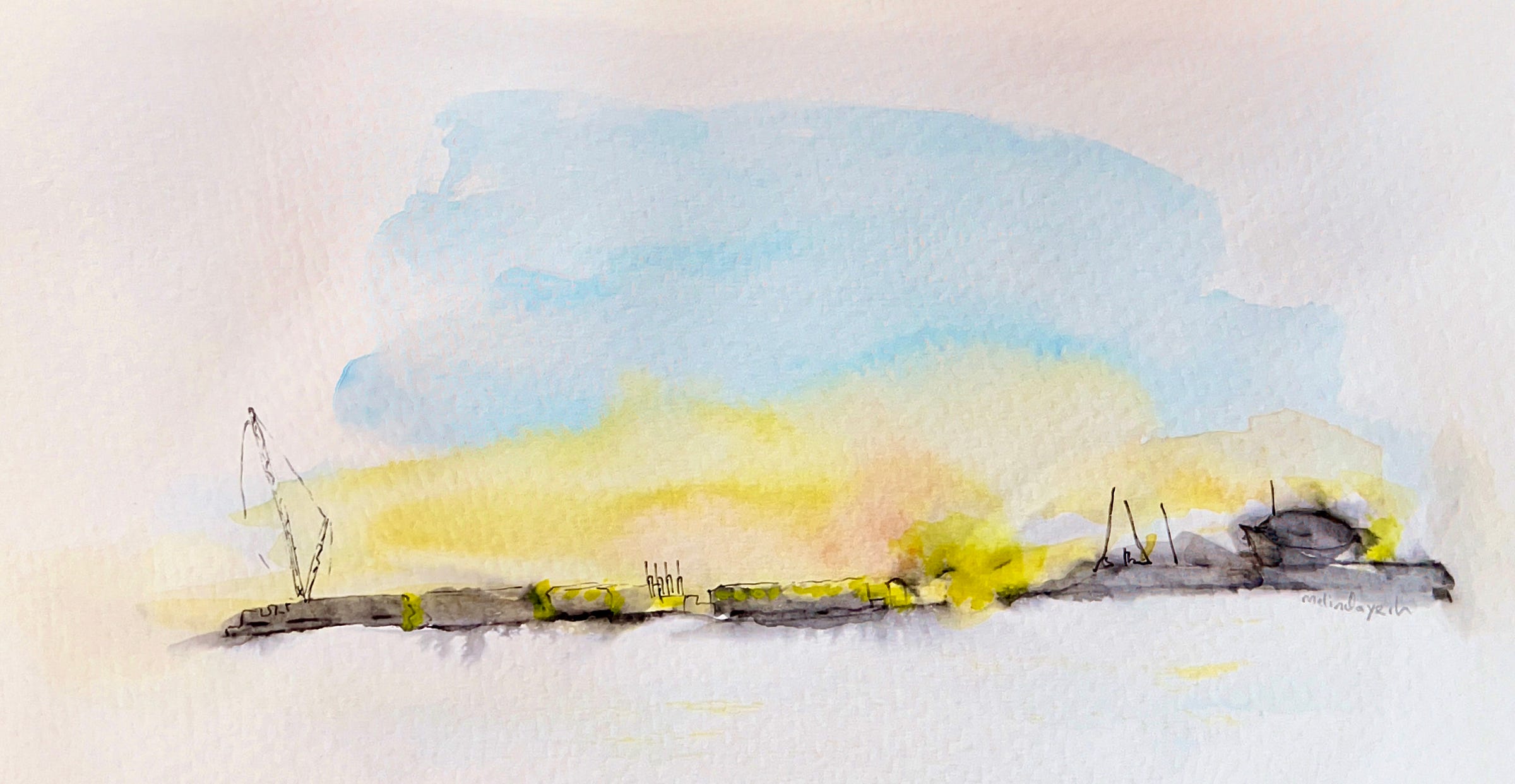 image: ink and watercolour painting of Matosinhos Beach at dusk