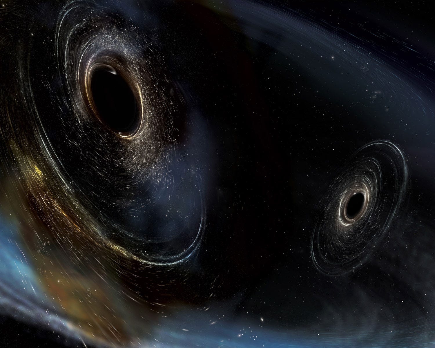 Two black holes, shown as black circles with material swirling around them, the stars in the background distorted into smears by the intense gravity. Two black holes, shown as black circles with material swirling around them, the stars in the background distorted into smears by the intense gravity.