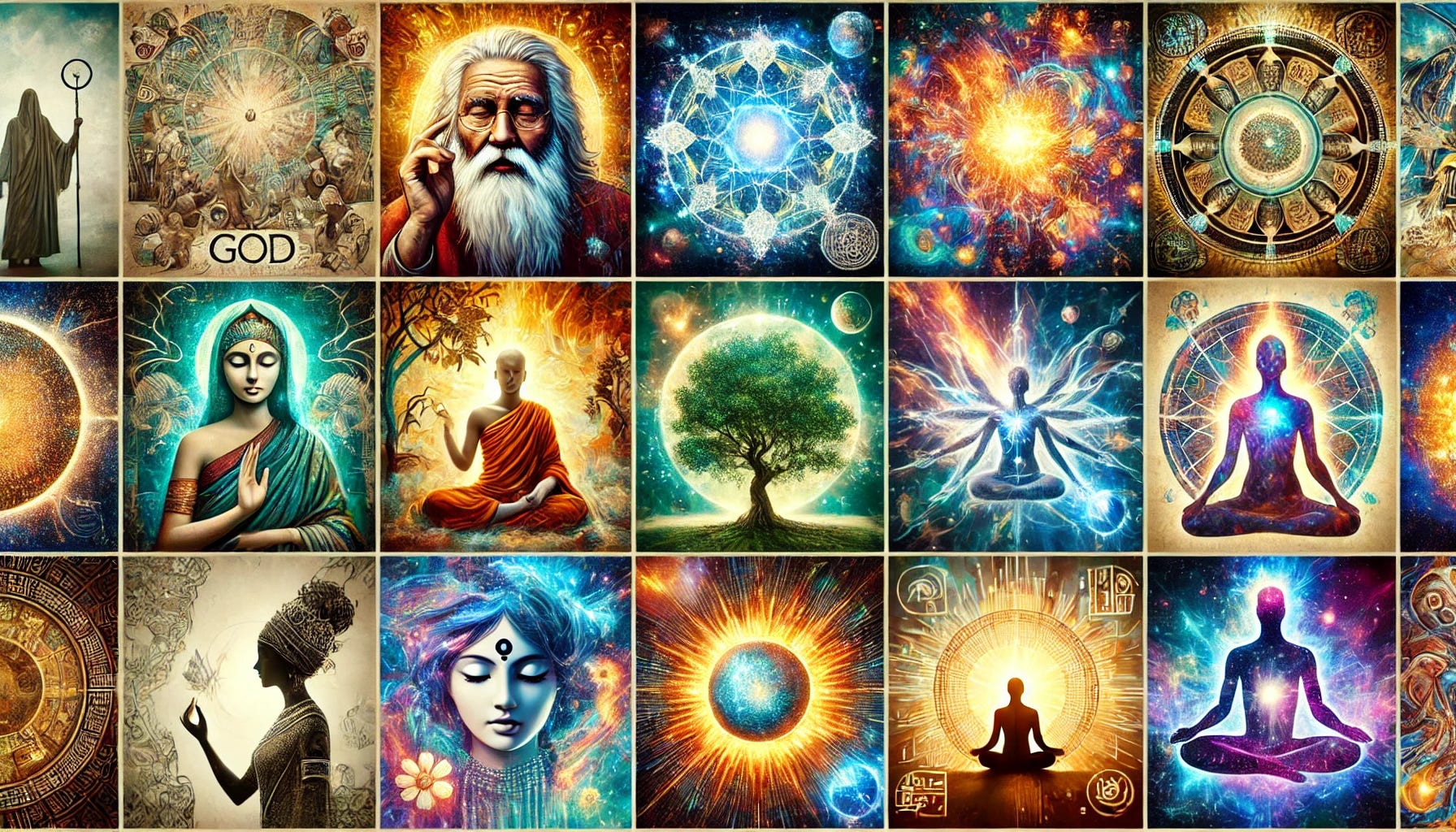 A grid of diverse artistic depictions of God from various cultures and beliefs, each square featuring a unique style: an older wise figure in a Christian heavenly setting, a Hindu deity surrounded by cosmic energy, a serene Buddha under a tree, an abstract divine light, a nature-inspired God symbolized by a glowing tree, an Islamic-inspired calligraphic representation, a Native American Great Spirit depicted with animals and nature, a cosmic entity made of stars, a feminine deity glowing with warmth, a modern AI-like interpretation of God, and an ancient Egyptian sun deity. Each square visually distinct and vibrant. A grid of diverse artistic depictions of God from various cultures and beliefs, each square featuring a unique style: an older wise figure in a Christian heavenly setting, a Hindu deity surrounded by cosmic energy, a serene Buddha under a tree, an abstract divine light, a nature-inspired God symbolized by a glowing tree, an Islamic-inspired calligraphic representation, a Native American Great Spirit depicted with animals and nature, a cosmic entity made of stars, a feminine deity glowing with warmth, a modern AI-like interpretation of God, and an ancient Egyptian sun deity. Each square visually distinct and vibrant.