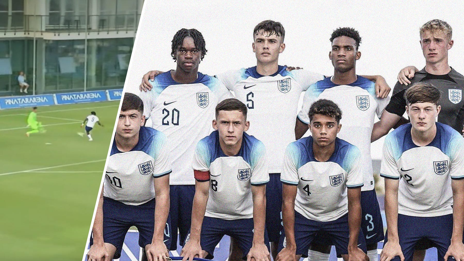 A composite image featuring a team photo of England's U-17 team ahead of their friendly against Portugal and a screenshot of Shim Mheuka scoring a one-v-one in the same game