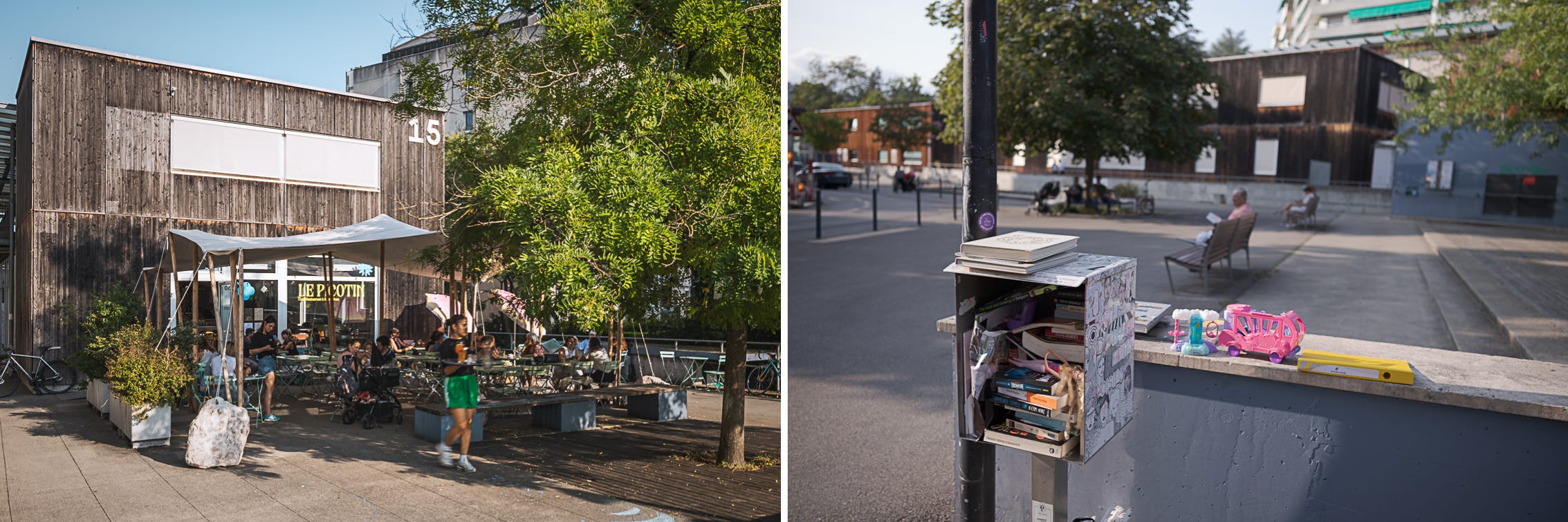 Le Picotin Restaurant and a neighbourhood sharing library. 1/40, f/13, ISO25, 28mm & 1/400, f/2.8, ISO64, 28mm