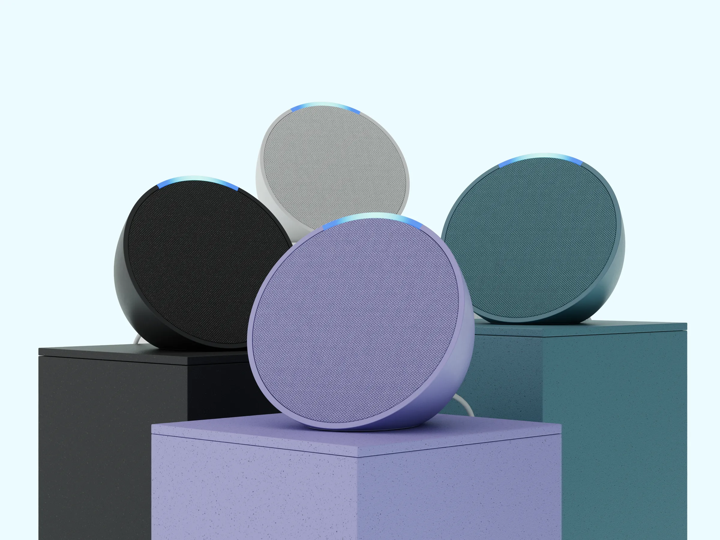 A photo of Amazon's new Echo Pop in all four colors.