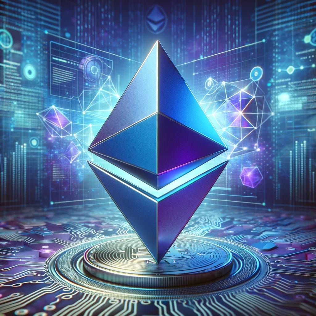 An artistic representation of the Ethereum logo, featuring the iconic octahedral shape stylized in shades of blue and purple. The logo is set against a digital background with abstract patterns, symbolizing blockchain technology. The scene should evoke a sense of innovation and the digital future, representing Ethereum's role in the cryptocurrency world.