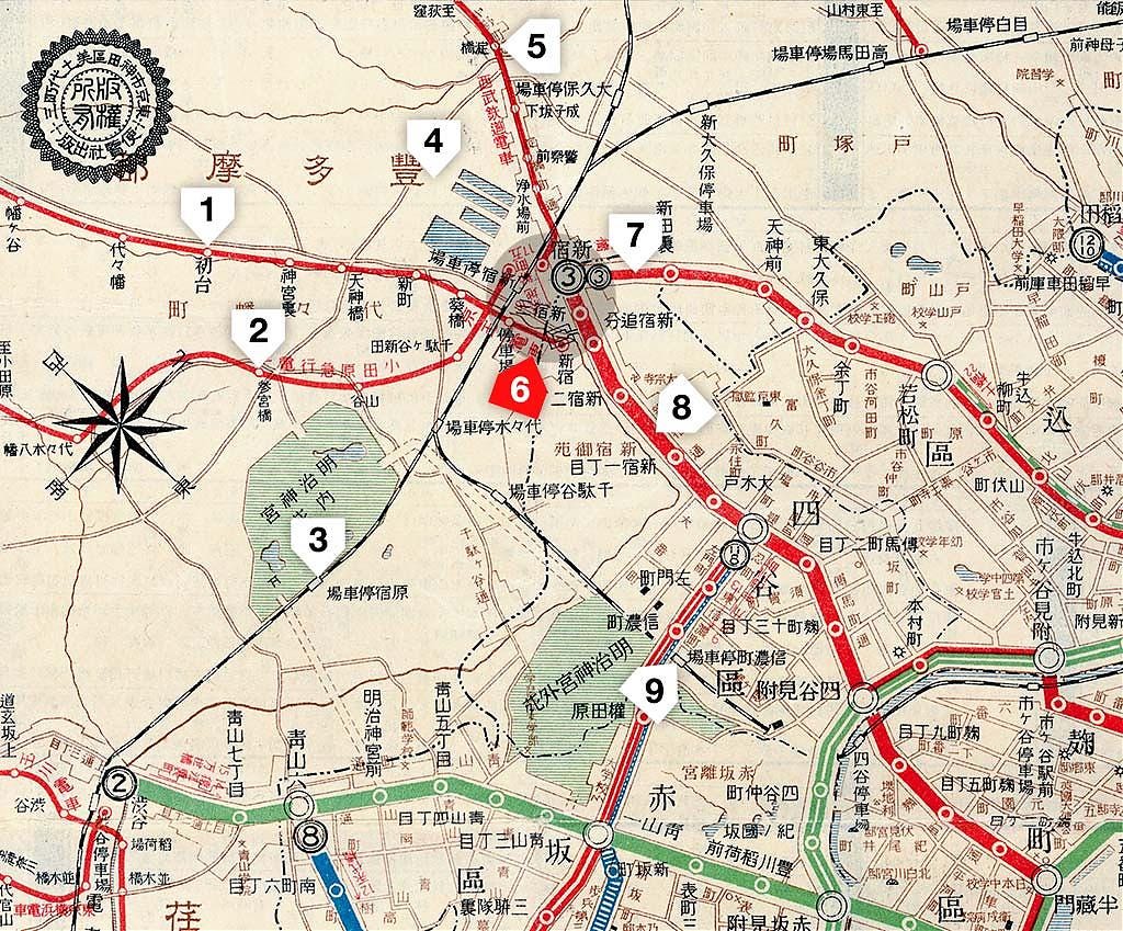 Detail around Shinjuku of 1928 Map of Tokyo railways