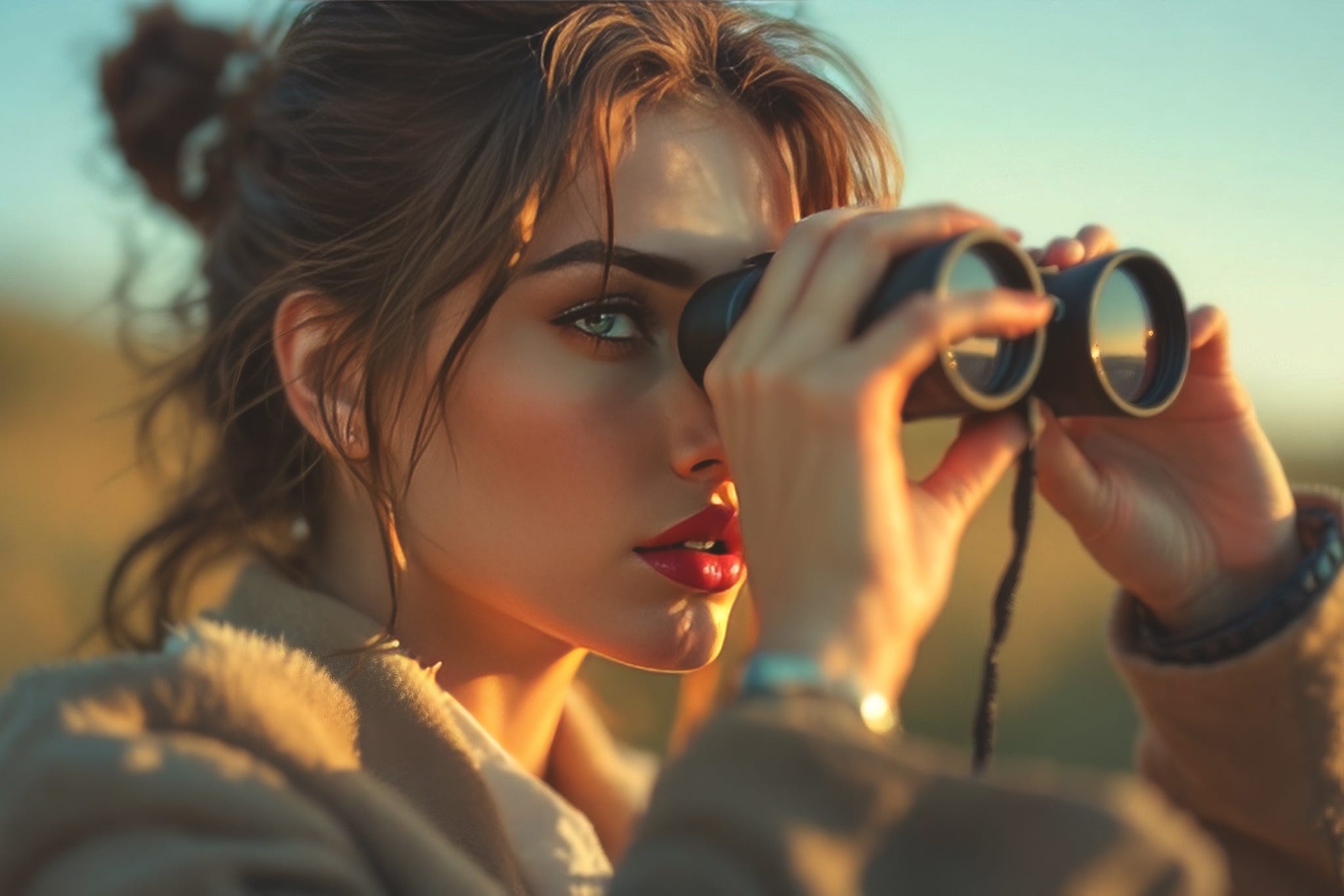 Young woman looking through binoculars.