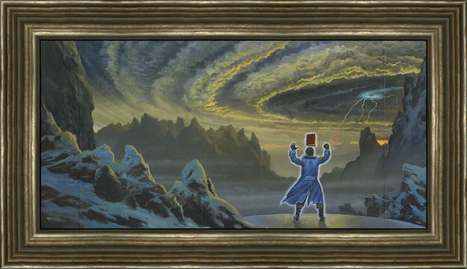 Framed preliminary concept for WIND AND TRUTH featuring Dalinar Kholin standing with his back to the audience on a platform high in the mountains. He holds his arms up with his right hand clenched in a fist. There is a white glow about him and a book is floating over his headin. The sky is made of a broad swirling vortex of clouds with forks of lighting lashing down from the bright white swirl at the center.